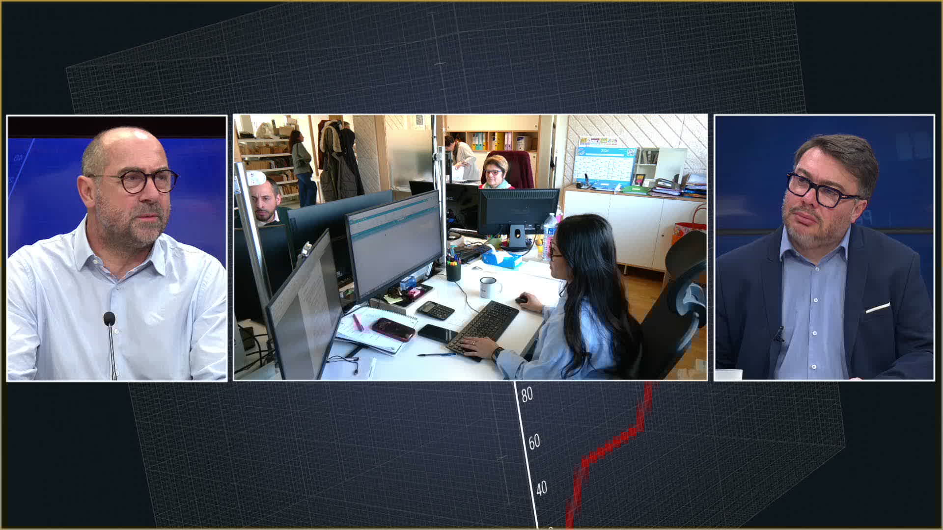 Jean-Sébastien Rousseau et Fabrice Schlosser en plateau avec images d'une équipe au bureau
